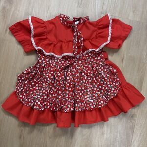 Vintage Jill Lynn 2T Dress Red Floral Ruffled Sleeves Apron Panel Lace